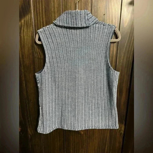 Chaps Blue and White Knit Button Front Shawl Collar Sweater Vest, Size Large - Picture 8 of 10